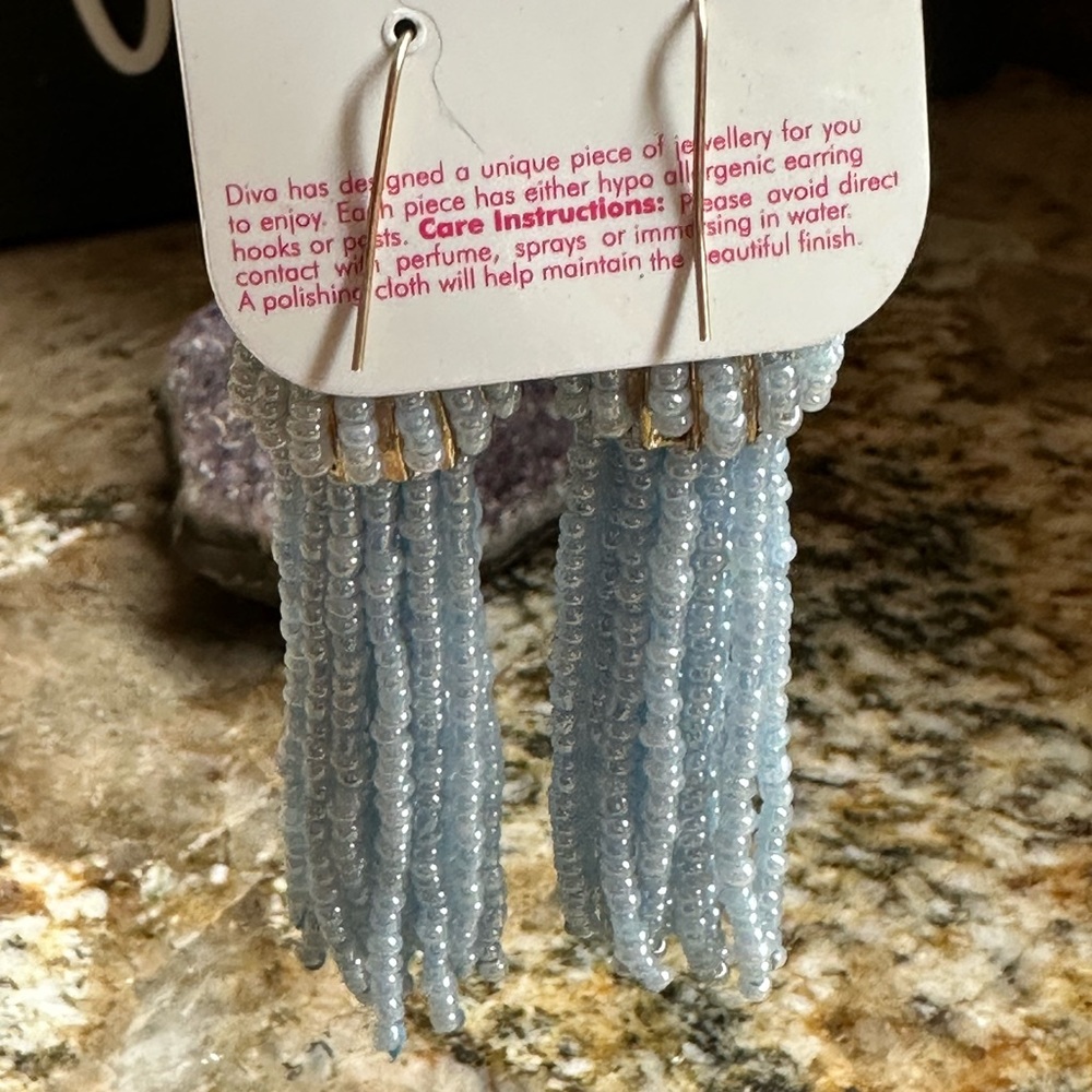 Gold Blue Bead Tassel Dangle Earrings - Picture 6 of 9